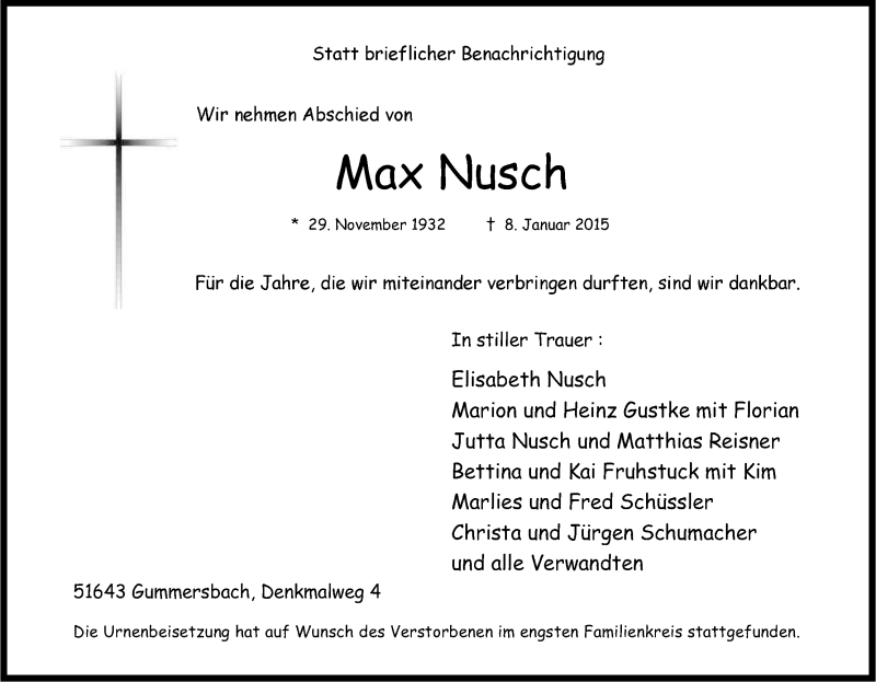  Traueranzeige für Max Nusch vom 27.01.2015 aus Kölner Stadt-Anzeiger / Kölnische Rundschau / Express
