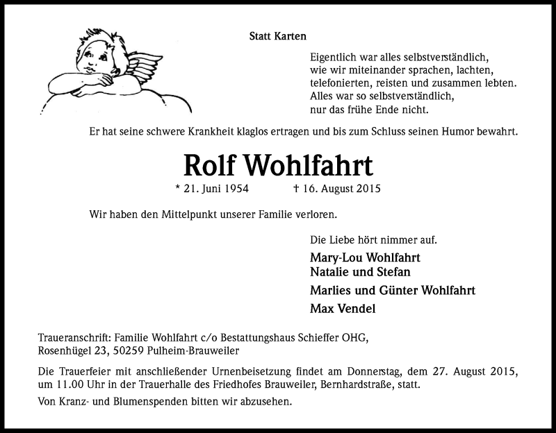  Traueranzeige für Rolf Wohlfahrt vom 22.08.2015 aus Kölner Stadt-Anzeiger / Kölnische Rundschau / Express
