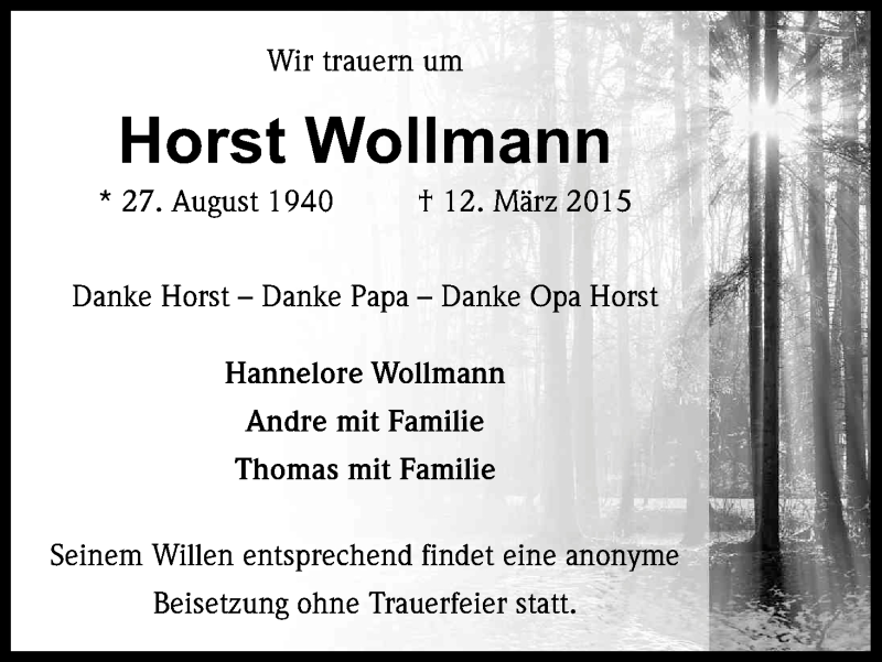  Traueranzeige für Horst Wollmann vom 19.03.2015 aus Kölner Stadt-Anzeiger / Kölnische Rundschau / Express