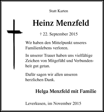 Anzeige von Heinz Menzfeld von Kölner Stadt-Anzeiger / Kölnische Rundschau / Express