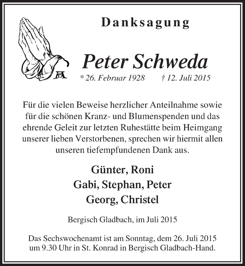  Traueranzeige für Peter Schweda vom 15.07.2015 aus  Bergisches Handelsblatt 