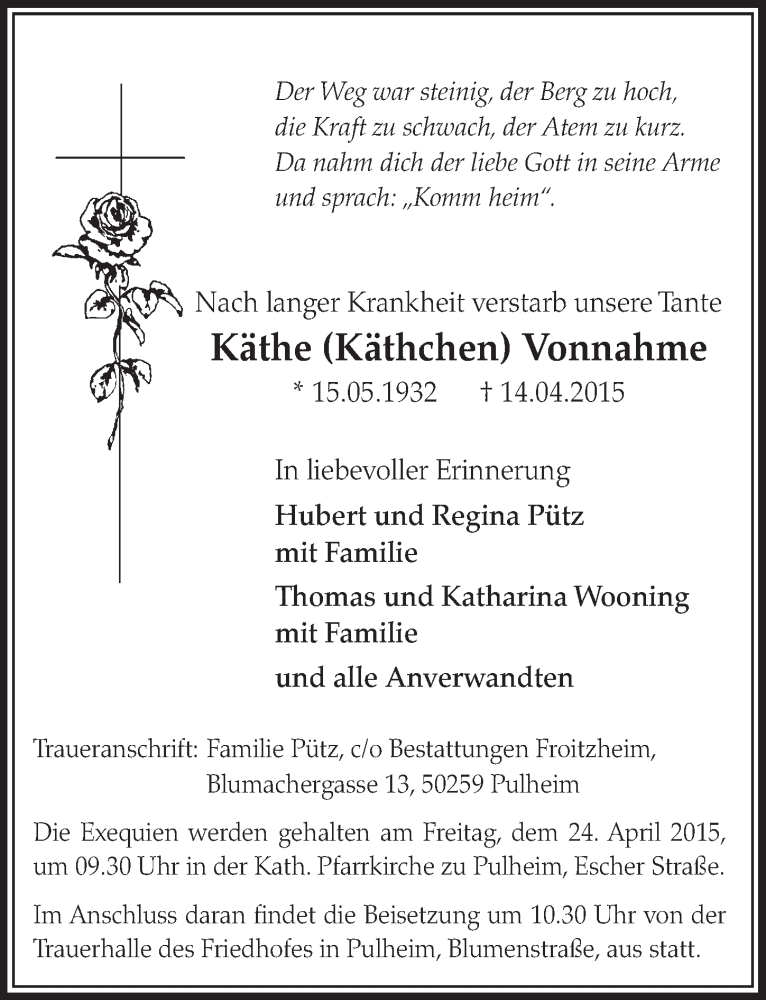  Traueranzeige für Käthe  Vonnahme vom 18.04.2015 aus  Sonntags-Post 