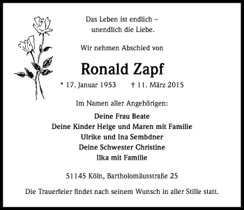 Anzeige von Ronald Zapf von Kölner Stadt-Anzeiger / Kölnische Rundschau / Express