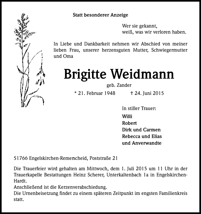  Traueranzeige für Brigitte Weidmann vom 27.06.2015 aus Kölner Stadt-Anzeiger / Kölnische Rundschau / Express
