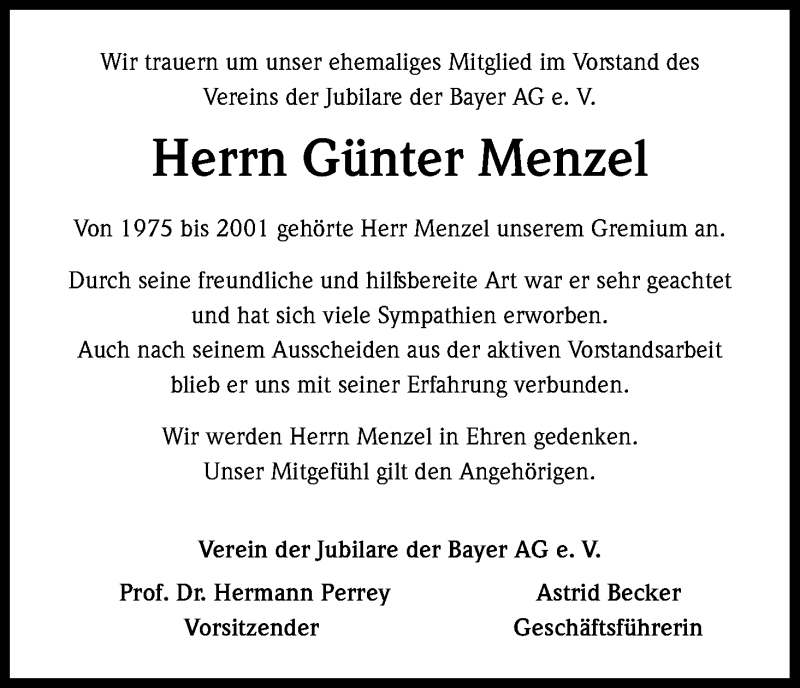  Traueranzeige für Günter Menzel vom 18.09.2015 aus Kölner Stadt-Anzeiger / Kölnische Rundschau / Express