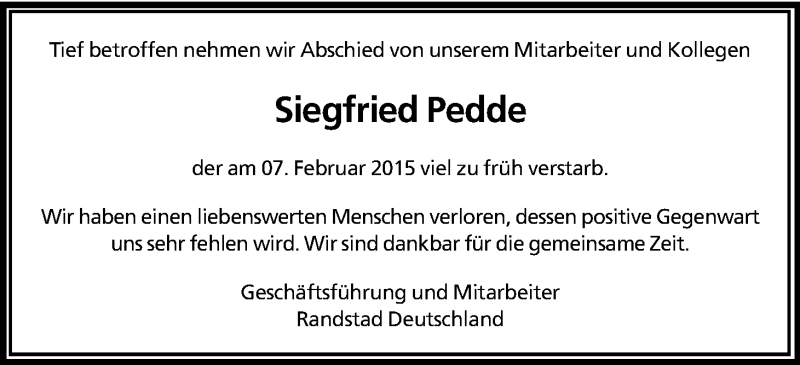 Traueranzeige für Siegfried Pedde vom 14.02.2015 aus Kölner Stadt-Anzeiger / Kölnische Rundschau / Express