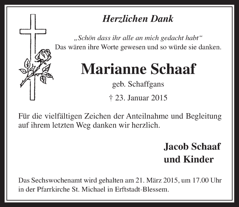  Traueranzeige für Marianne Schaaf vom 11.02.2015 aus  Werbepost 