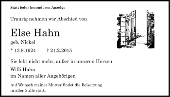 Anzeige von Else Hahn von Kölner Stadt-Anzeiger / Kölnische Rundschau / Express