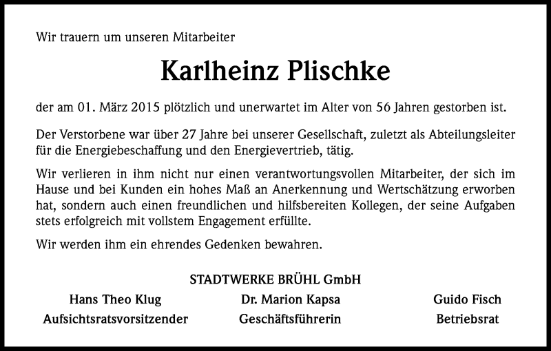  Traueranzeige für Karlheinz Jakob Plischke vom 07.03.2015 aus Kölner Stadt-Anzeiger / Kölnische Rundschau / Express