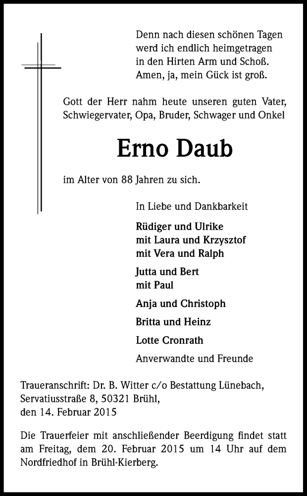  Traueranzeige für Erno Daub vom 18.02.2015 aus Kölner Stadt-Anzeiger / Kölnische Rundschau / Express
