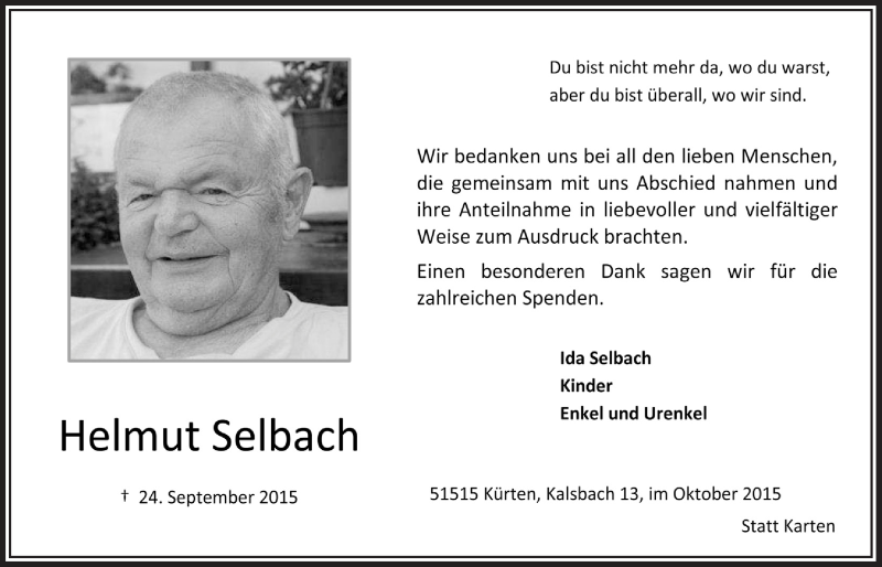  Traueranzeige für Helmut Selbach vom 21.10.2015 aus  Bergisches Handelsblatt 