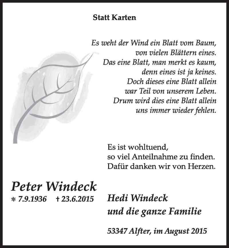  Traueranzeige für Peter Windeck vom 05.08.2015 aus  Schaufenster/Blickpunkt 