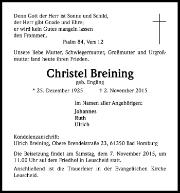 Anzeige von Christel Breining von Kölner Stadt-Anzeiger / Kölnische Rundschau / Express