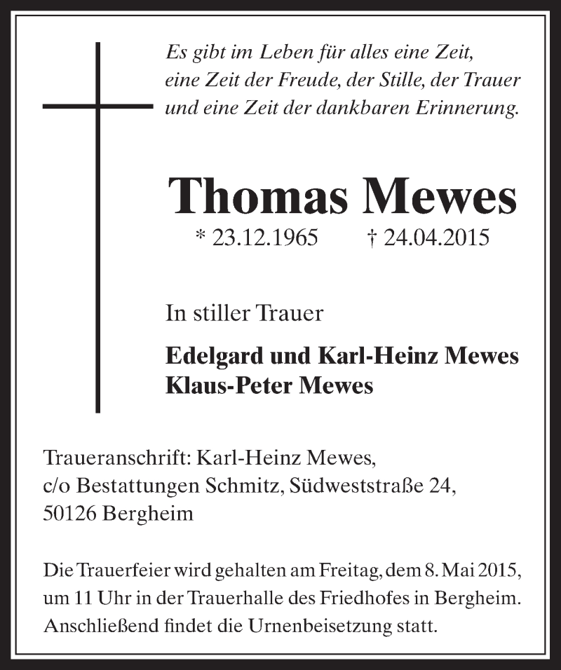  Traueranzeige für Thomas Mewes vom 06.05.2015 aus  Werbepost 
