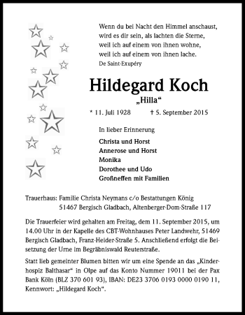 Anzeige von Hildegard Koch von Kölner Stadt-Anzeiger / Kölnische Rundschau / Express