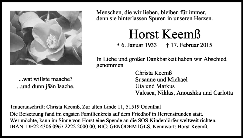  Traueranzeige für Horst Keemß vom 28.02.2015 aus Kölner Stadt-Anzeiger / Kölnische Rundschau / Express
