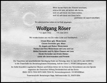 Anzeige von Wolfgang Röser von Kölner Stadt-Anzeiger / Kölnische Rundschau / Express