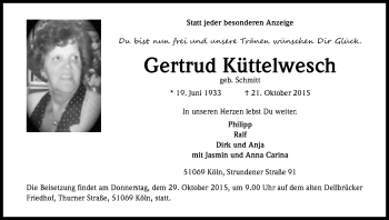 Anzeige von Gertrud Küttelwesch von Kölner Stadt-Anzeiger / Kölnische Rundschau / Express