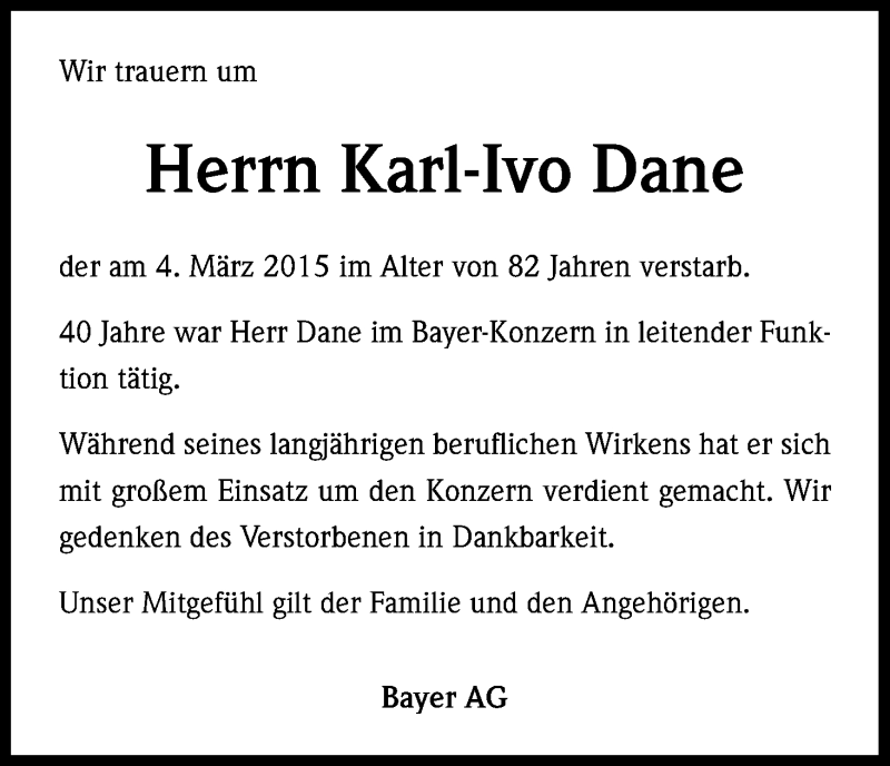  Traueranzeige für Karl-Ivo Dane vom 12.03.2015 aus Kölner Stadt-Anzeiger / Kölnische Rundschau / Express