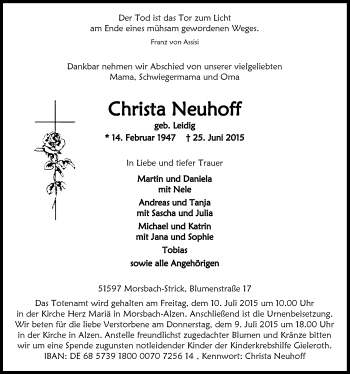 Anzeige von Christa Neuhoff von  Lokalanzeiger 