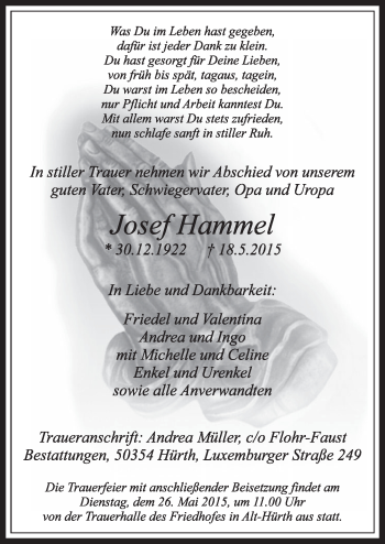 Anzeige von Josef Hammel von  Sonntags-Post 