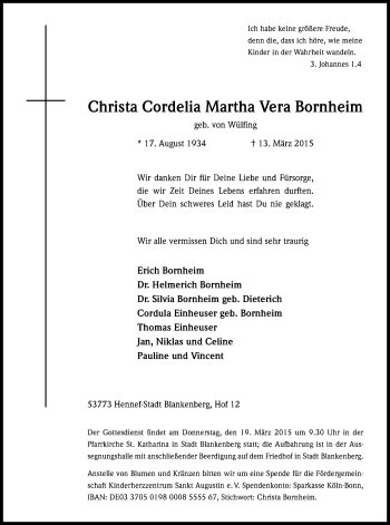 Anzeige von Christa Cordelia Martha Vera Bornheim von Kölner Stadt-Anzeiger / Kölnische Rundschau / Express