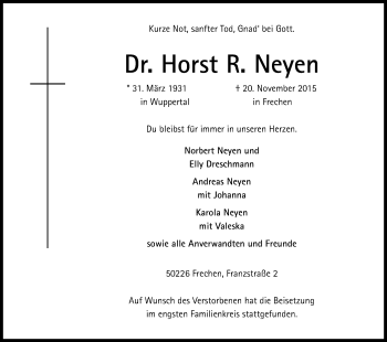 Anzeige von Horst R. Neyen von Kölner Stadt-Anzeiger / Kölnische Rundschau / Express