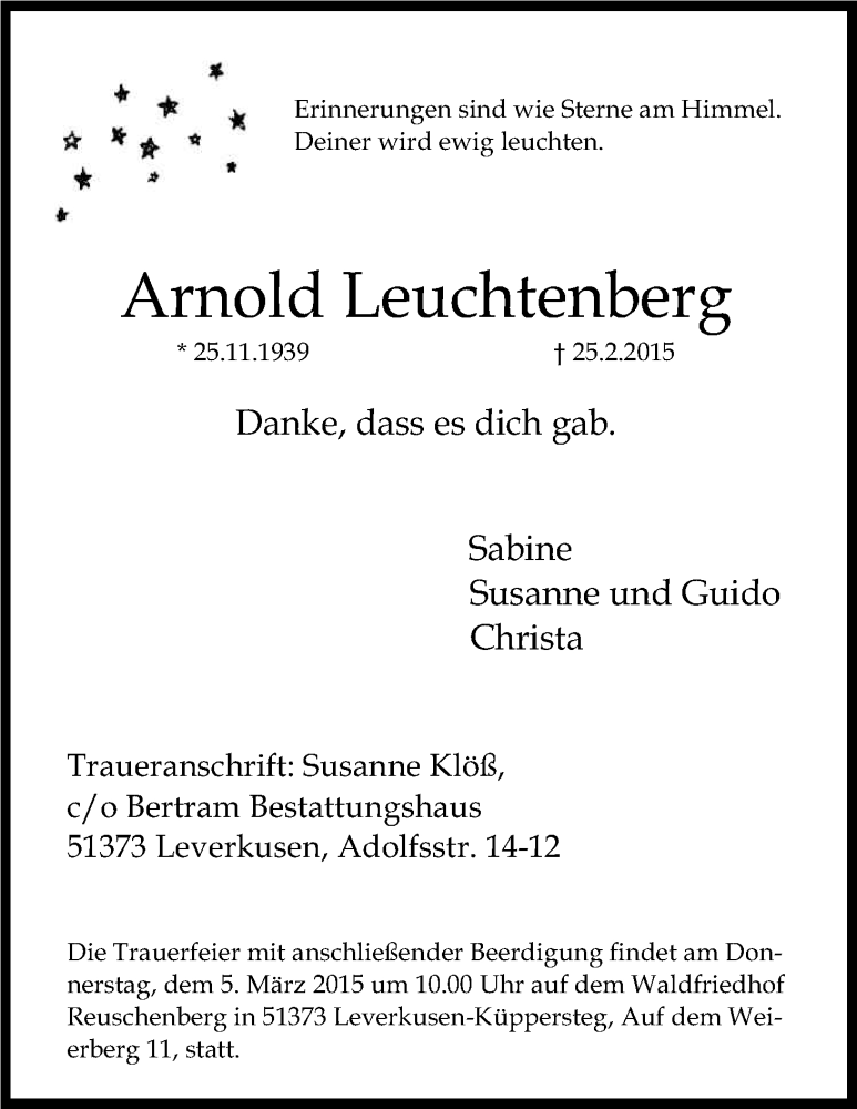  Traueranzeige für Arnold Leuchtenberg vom 28.02.2015 aus Kölner Stadt-Anzeiger / Kölnische Rundschau / Express