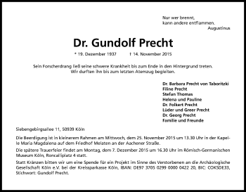 Anzeige von Gundolf Precht von Kölner Stadt-Anzeiger / Kölnische Rundschau / Express