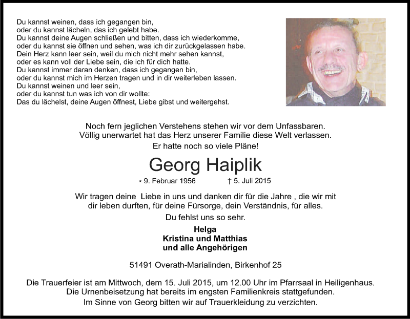  Traueranzeige für Georg Haiplik vom 11.07.2015 aus Kölner Stadt-Anzeiger / Kölnische Rundschau / Express