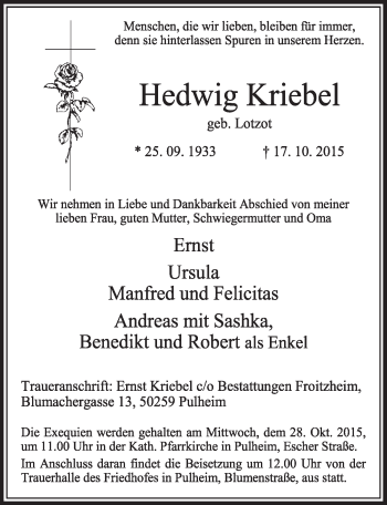 Anzeige von Hedwig Kriebel von  Sonntags-Post 