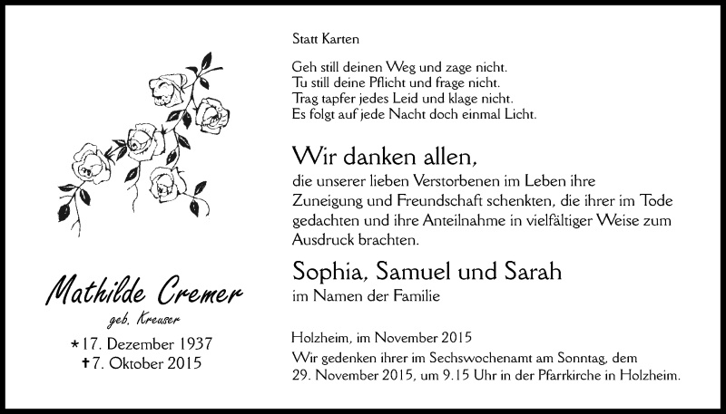  Traueranzeige für Mathilde Cremer vom 22.11.2015 aus  Blickpunkt Euskirchen 