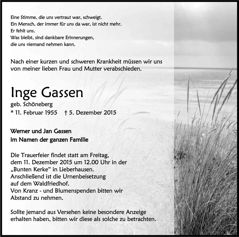  Traueranzeige für Inge Gassen vom 08.12.2015 aus Kölner Stadt-Anzeiger / Kölnische Rundschau / Express
