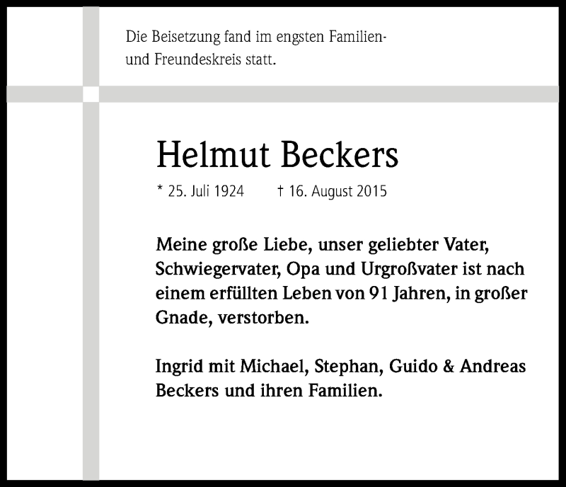 Traueranzeige für Helmut Beckers vom 29.08.2015 aus Kölner Stadt-Anzeiger / Kölnische Rundschau / Express