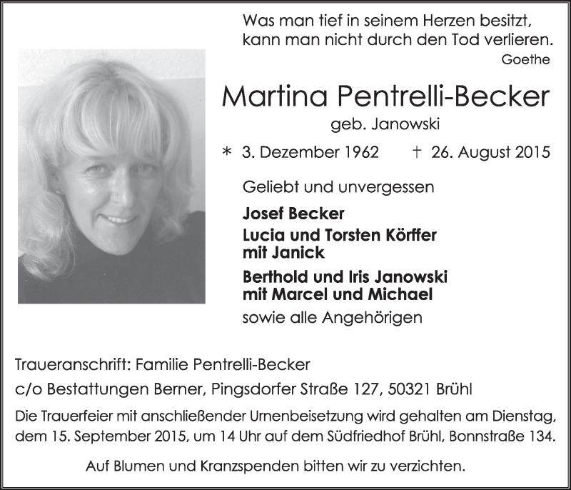  Traueranzeige für Martina Pentrelli-Becker vom 09.09.2015 aus  Schlossbote/Werbekurier 