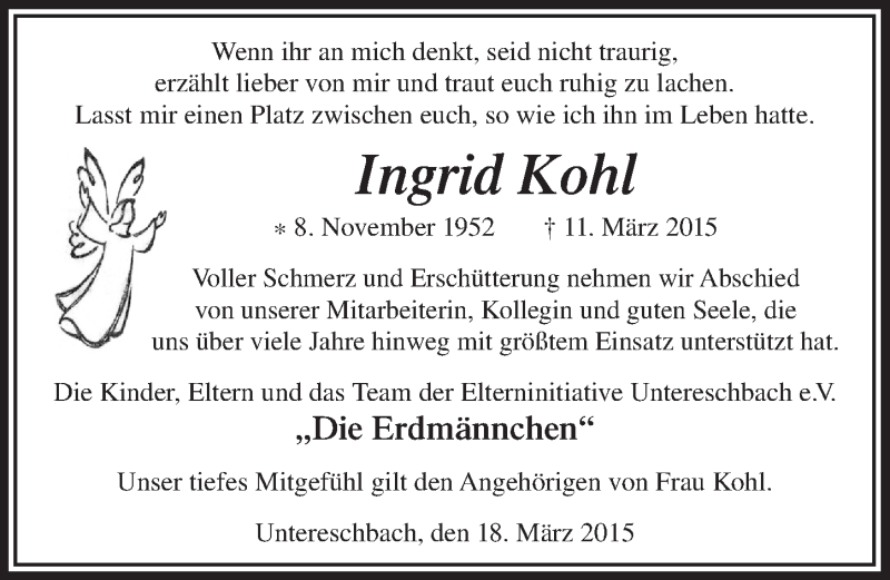  Traueranzeige für Ingrid Kohl vom 21.03.2015 aus  Bergisches Sonntagsblatt 