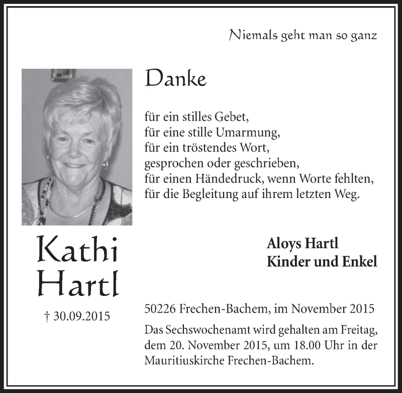  Traueranzeige für Kathi Hartl vom 14.11.2015 aus  Sonntags-Post 