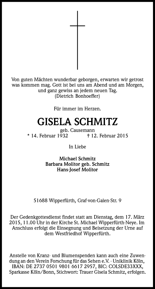  Traueranzeige für Gisela Schmitz vom 07.03.2015 aus Kölner Stadt-Anzeiger / Kölnische Rundschau / Express