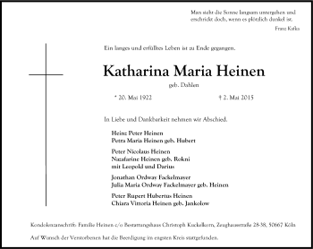 Anzeige von Maria Katharina Heinen von Kölner Stadt-Anzeiger / Kölnische Rundschau / Express