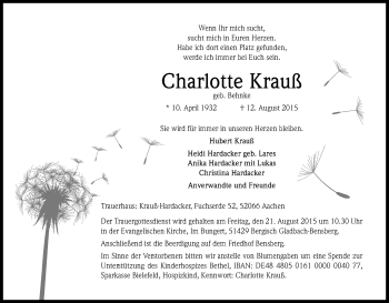 Anzeige von Charlotte Krauß von Kölner Stadt-Anzeiger / Kölnische Rundschau / Express