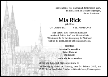 Anzeige von Mia Rick von Kölner Stadt-Anzeiger / Kölnische Rundschau / Express