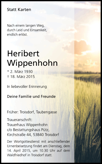 Anzeige von Heribert Wippenhohn von Kölner Stadt-Anzeiger / Kölnische Rundschau / Express