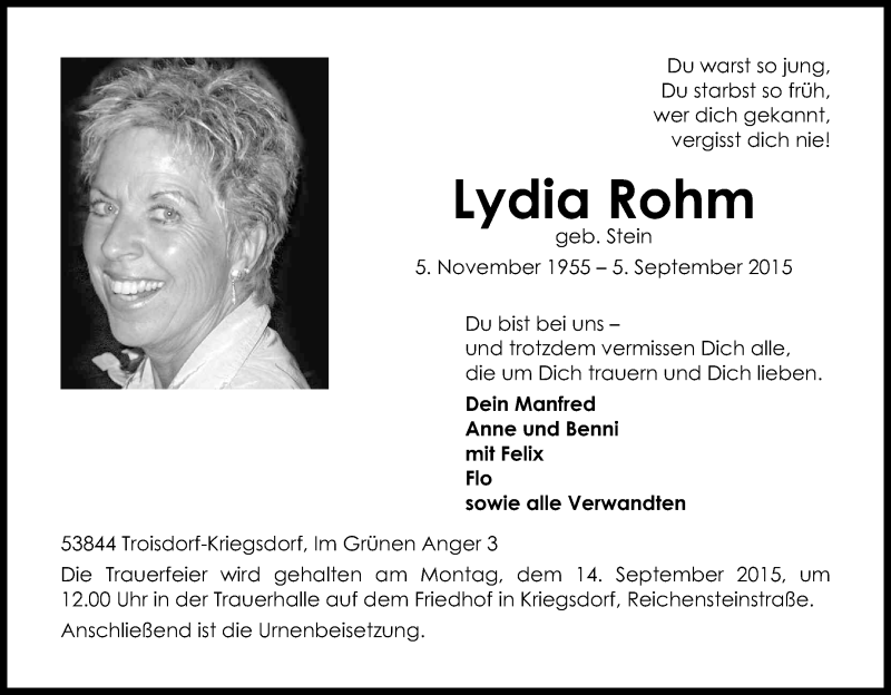  Traueranzeige für Lydia Rohm vom 09.09.2015 aus Kölner Stadt-Anzeiger / Kölnische Rundschau / Express