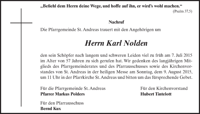  Traueranzeige für Karl Nolden vom 22.07.2015 aus  Schlossbote/Werbekurier 