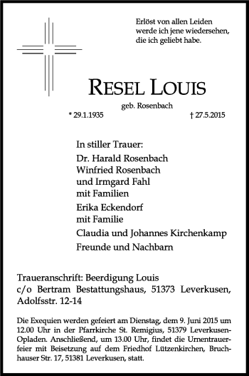 Anzeige von Resel Louis von Kölner Stadt-Anzeiger / Kölnische Rundschau / Express