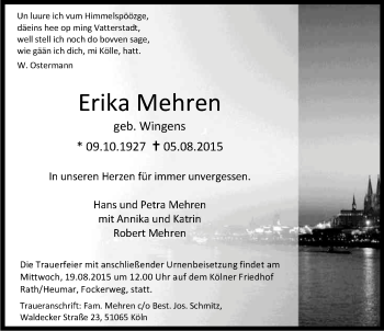 Anzeige von Erika Mehren von Kölner Stadt-Anzeiger / Kölnische Rundschau / Express