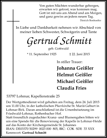 Anzeige von Gertrud Schmitt von Kölner Stadt-Anzeiger / Kölnische Rundschau / Express