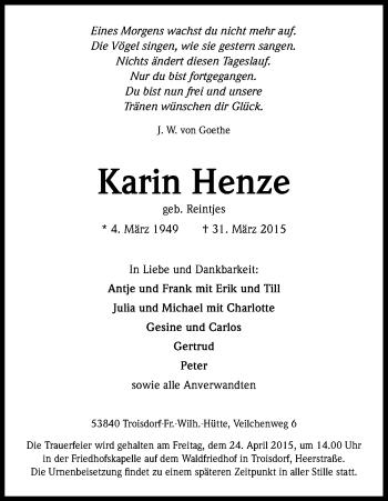 Anzeige von Karin Henze von Kölner Stadt-Anzeiger / Kölnische Rundschau / Express