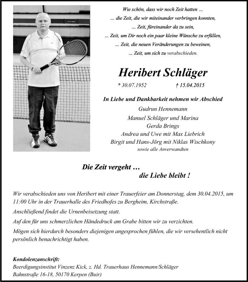  Traueranzeige für Heribert Schläger vom 25.04.2015 aus Kölner Stadt-Anzeiger / Kölnische Rundschau / Express