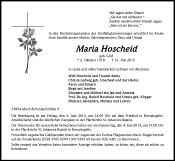 Anzeige von Maria Hoscheid von Kölner Stadt-Anzeiger / Kölnische Rundschau / Express